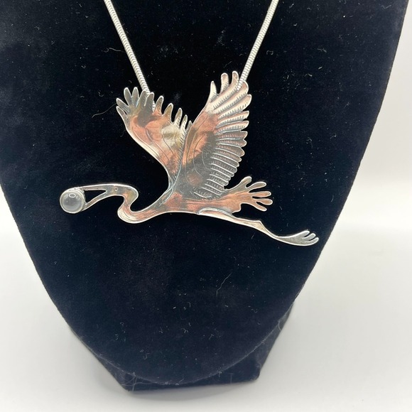 Vintage Sterling Silver Flying Blue Heron Stork Pendant Necklace Handcrafted - Picture 3 of 15
